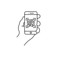 QR code icon. Mobile phone scanning qr-code illustration. Hand holding a phone with scanner symbol isolated. vector