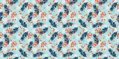 Seamless winter pattern with fir tree branches, red berries and snowflakes. vector