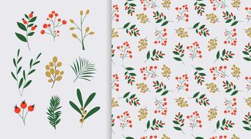 Handdrawn winter plants set with red and gold berries. Seamless pattern on grey background. vector