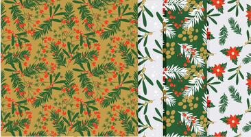 Seamless winter plants pattern set. Handdrawn design. vector