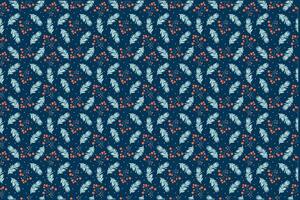 Seamless winter pattern with fir tree branches and red berries. Hand drawn design on dark blue background. vector