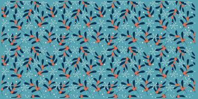 Seamless winter pattern with leaves, red berries and snowflakes. Hand drawn design on blue background. vector
