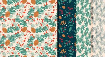 Seamless winter plants pattern set. Handdrawn elegant design. vector