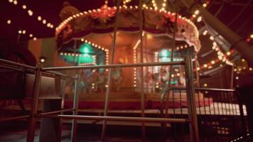 Empty amusement park carousel illuminated by colorful lights at night video