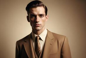A man in a tan suit and tie photo