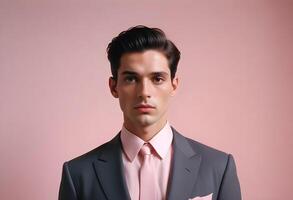A man in a suit and pink tie photo
