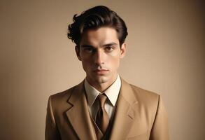 A man in a tan suit and tie photo