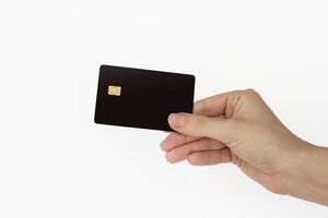 Hand showing credit card, or card, or business card or voucher, isolated on white background, template, mock-up photo