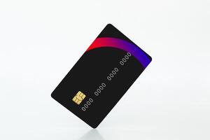 Mockup template of credit or debit black card standing on corner, levitating bank card photo