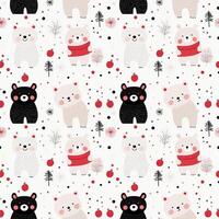 Cute bears in festive attire among red ornaments and trees on a white background in a playful winter pattern design vector