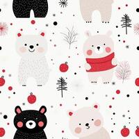 Cute bears in festive attire among red ornaments and trees on a white background in a playful winter pattern design vector