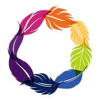 Colorful circular arrangement of abstract feather shapes in vibrant hues on a white background vector