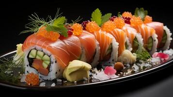 Hyper-realistic sushi roll is captured in stunning detail, with every grain of rice and slice of fish visible. Claudia Ficca's studio photography showcases sushi roll artistry on a crisp photo