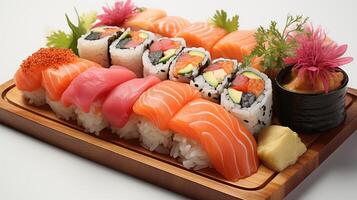 A zoom shot of sushi roll reveals its intricate textures, each detail sharp and vivid against a white backdrop. Sushi roll photography by Claudia Ficca delivers hyper-realistic precision and artistry. photo