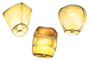 Paper lantern, Floating lanterns in the sky. Making a Wish. Watercolor illustration. vector
