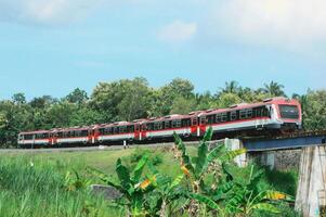Beautiful view of train on rails in the city photo