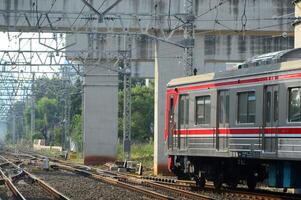 Beautiful view of train on rails in the city photo
