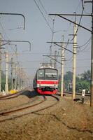 Beautiful view of train on rails in the city photo