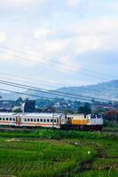 The train passes through the countryside with beautiful natural views. photo