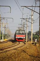 Beautiful view of train on rails in the city photo