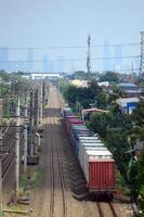 Beautiful view of train on rails in the city photo