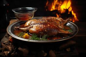 Two ducks are sitting on a plate in front of a fireplace photo