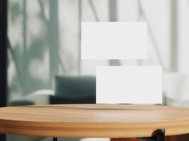Clean minimal business card mockup on table with office background photo