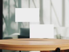 Clean minimal business card mockup on table with office background photo
