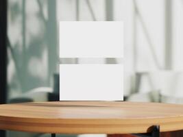 Clean minimal business card mockup on table with office background photo