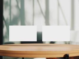 Clean minimal business card mockup on table with office background photo