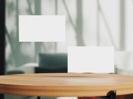 Clean minimal business card mockup on table with office background photo