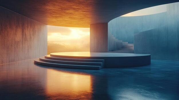 Empty room with stairs and a sun setting photo