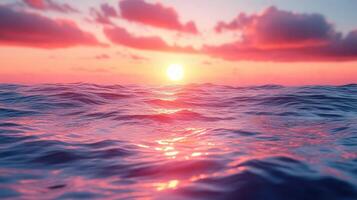 The sun is setting over the ocean in this 3d render photo