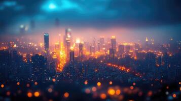 A city at night with lights and buildings photo
