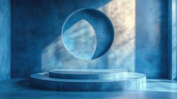 A blue room with a circular stage and a large window photo