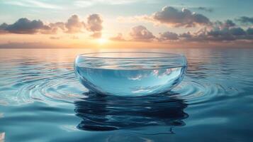 A glass bowl floating in the ocean with a sunset in the background photo