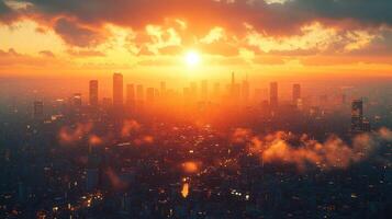 A city skyline with the sun setting over it photo