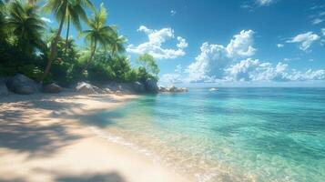 Tropical beach with palm trees and blue sky photo
