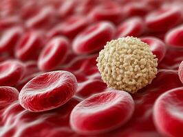A white blood cell with a granular surface surrounded by many smooth red blood cells. photo