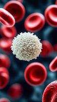 A white blood cell with a granular surface surrounded by many smooth red blood cells. photo