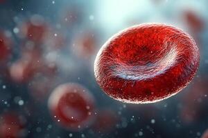 Red blood cell floating in a soft, blurred background. The vibrant, red cell stands out sharply with its smooth photo