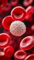 A white blood cell with a granular surface surrounded by many smooth red blood cells. photo