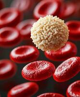 A white blood cell with a granular surface surrounded by many smooth red blood cells. photo