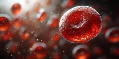 Red blood cell floating in a soft, blurred background. The vibrant, red cell stands out sharply with its smooth photo