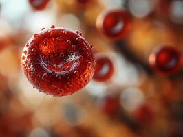 Red blood cell floating in a soft, blurred background. The vibrant, red cell stands out sharply with its smooth photo