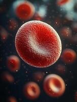 Red blood cell floating in a soft, blurred background. The vibrant, red cell stands out sharply with its smooth photo