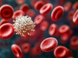 A white blood cell with a granular surface surrounded by many smooth red blood cells. photo