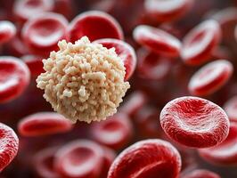 A white blood cell with a granular surface surrounded by many smooth red blood cells. photo
