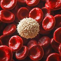 A white blood cell with a granular surface surrounded by many smooth red blood cells. photo