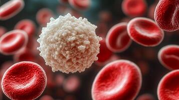 A white blood cell with a granular surface surrounded by many smooth red blood cells. photo